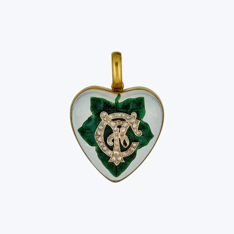 Best Seller Antique 18KYG, Rock Crystal, Diamond, and Enamel Leaf Heart Locket