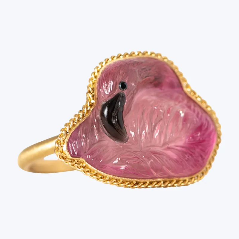 One of a Kind Tourmaline and Black Diamond Flamingo Ring Hot Deal