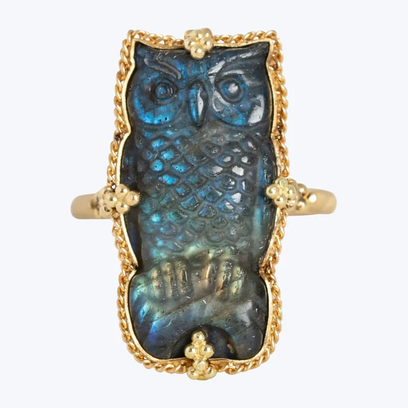 One of a Kind Carved Labradorite Owl Ring Cheap