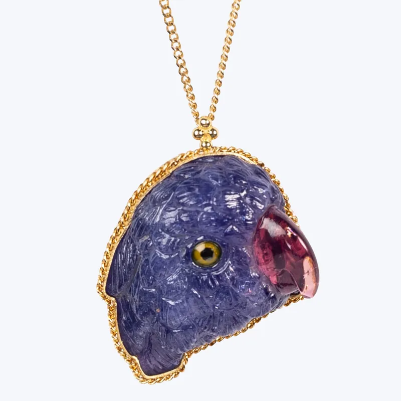 Modern One of a Kind Tanzanite and Tourmaline Purple Parrot Necklace