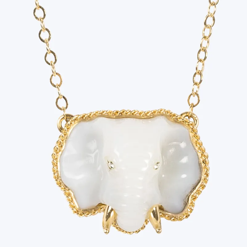 Markdown One of a Kind White Opal and Diamond Elephant Necklace