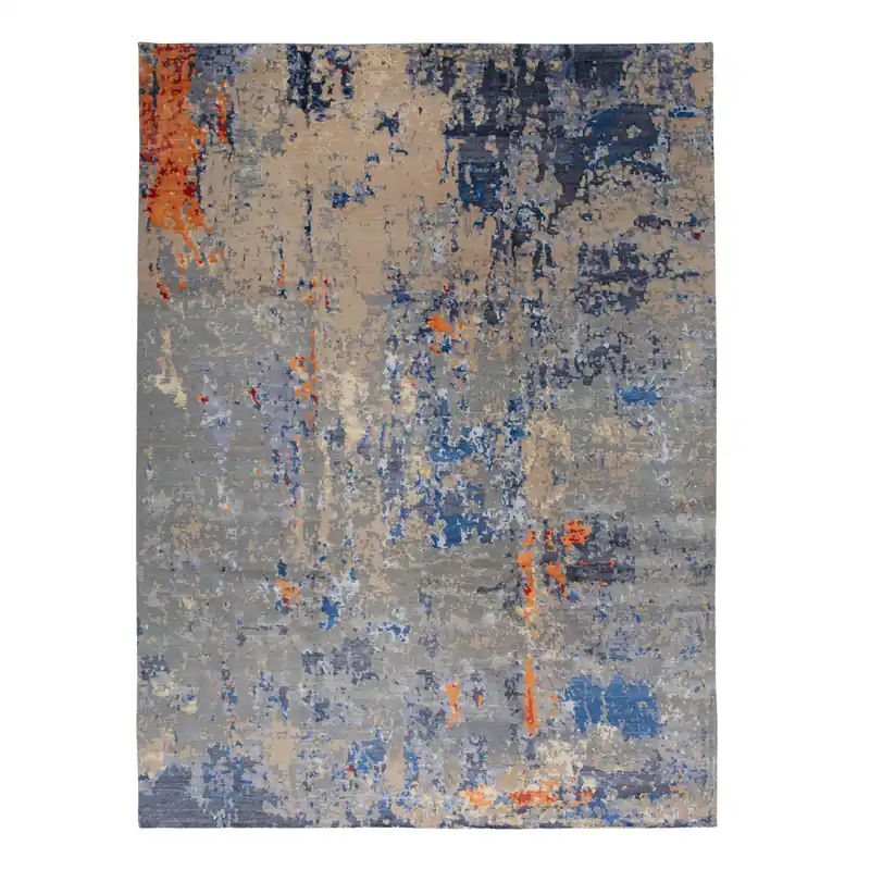 Blue Multi Contemporary Wool Silk Blend Rug - 9' x 12' Professional Grade
