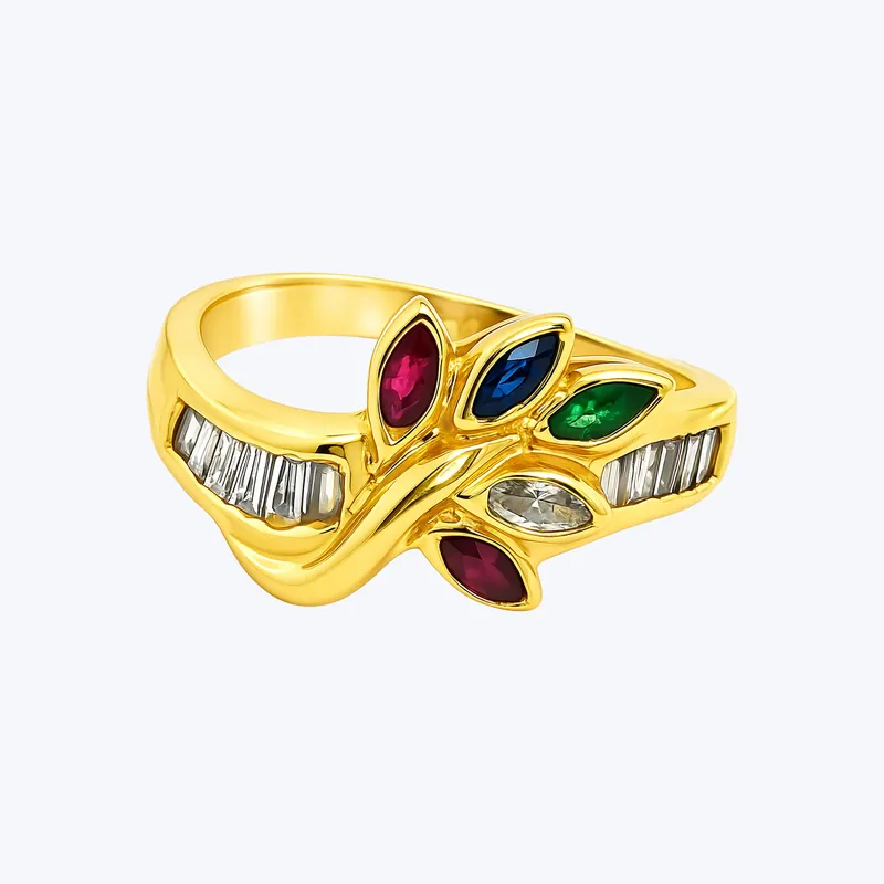 18KYG Diamond Sapphire Ruby Emerald Leaf Ring Fast Shipping