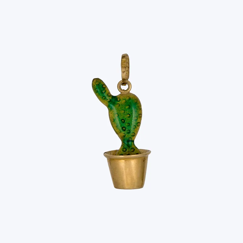 1970's Cactus Charm in 14k Yellow Gold and green enamel Professional Grade