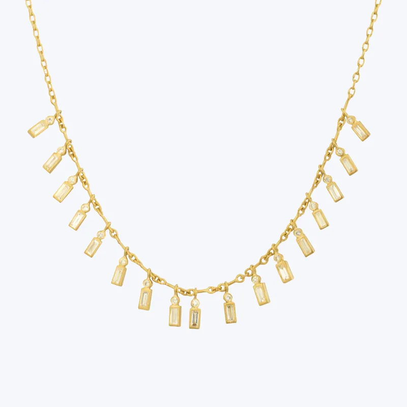 Brand New Baguette Diamond And Round Diamond Stacked Quatre-Fringe Necklace
