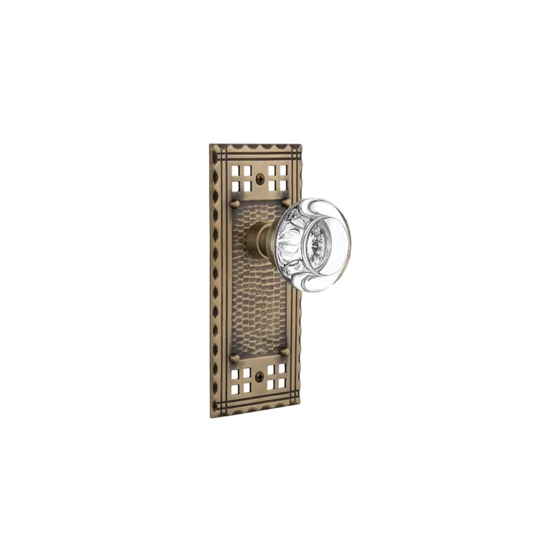 Bargain Nostalgic Warehouse Round Clear Crystal Solid Brass Privacy Door Knob Set with Long Craftsman Plate and 2-3/8" Backset