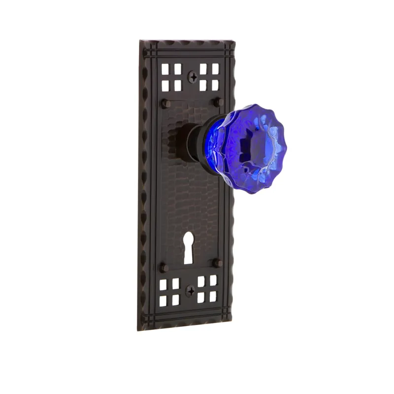 Popular Nostalgic Warehouse Craftsman Solid Brass Rose Privacy Door Knob Set with Cobalt Crystal Knob and Keyhole for 2-3/4" Backset