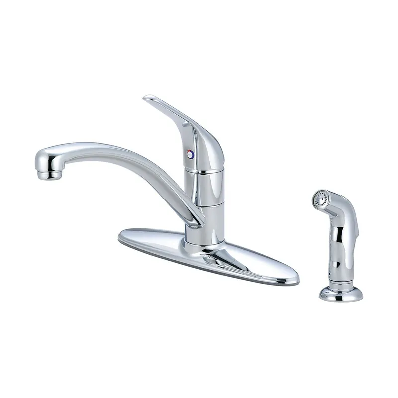 Latest Pioneer Faucets Legacy 1.5 GPM Widespread Kitchen Faucet with 9-11/16" Reach Swivel Spout, 5-3/16" Brass Side Spray, and Lever Handle
