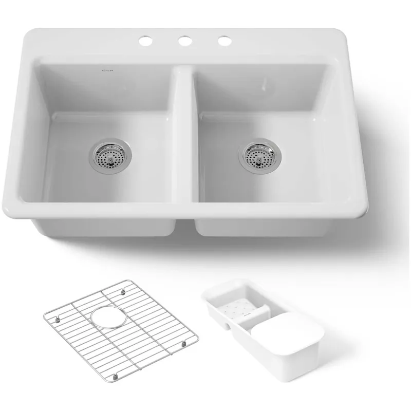 New Arrival Kohler Riverby 33" Drop In Double Basin Cast Iron Kitchen Sink