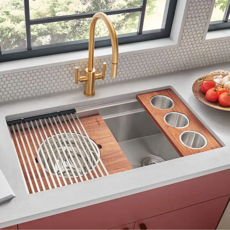 Brand New Ruvati Dual-Tier Pro 33-1/2" Undermount Single Basin Stainless Steel Kitchen Sink with Basket Strainer, Colander and Cutting Board