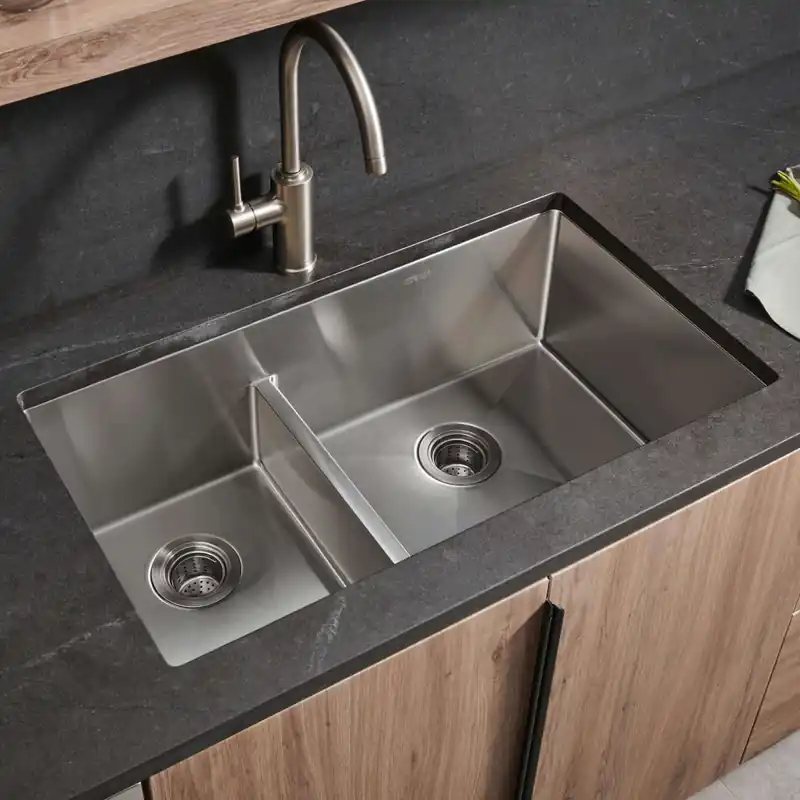 Premium Ruvati Urbana 33" Undermount Double Basin Stainless Steel Kitchen Sink with Basket Strainer