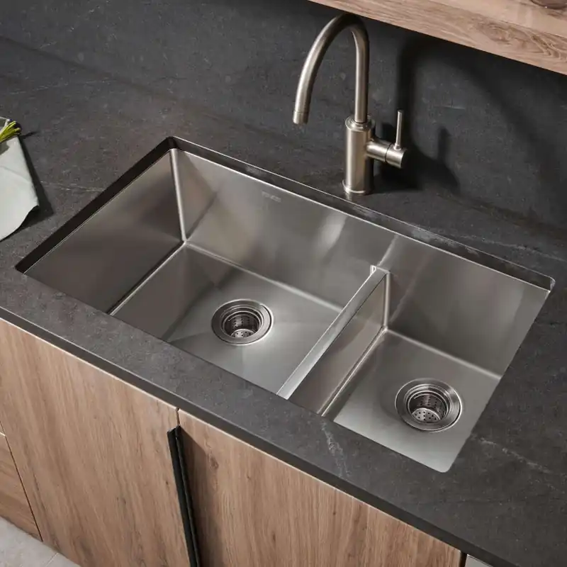 Ruvati Urbana 30" Low-Divide Undermount Rounded Corners 60/40 Double Bowl 16 Gauge Stainless Steel Kitchen Sink Worldwide Shipping