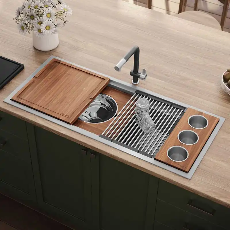 Ruvati Dual-Tier 45" Drop In Single Basin Stainless Steel Kitchen Sink with Basket Strainer, Colander and Cutting Board Modern