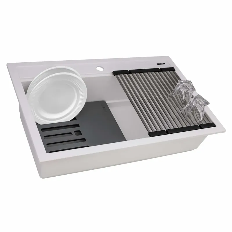 Ruvati epiCube 33-7/8" Drop In Single Basin Granite Composite Kitchen Sink with Basket Strainer and Cutting Board Clearance