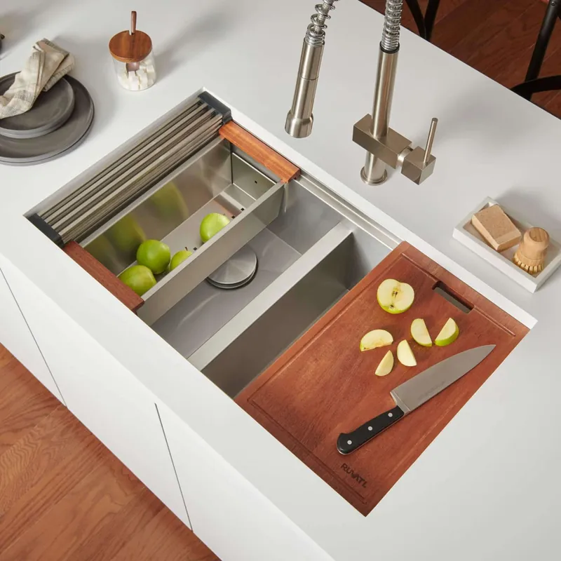 Ruvati Roma 36" Undermount Double Basin Stainless Steel Kitchen Sink with Basin Rack, Basket Strainer, Colander and Cutting Board Free Returns