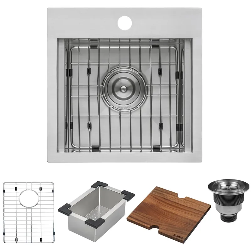 Ruvati Giana 15" Drop In Single Basin Stainless Steel Kitchen Sink with Basin Rack, Basket Strainer, Colander and Cutting Board Holiday Sale