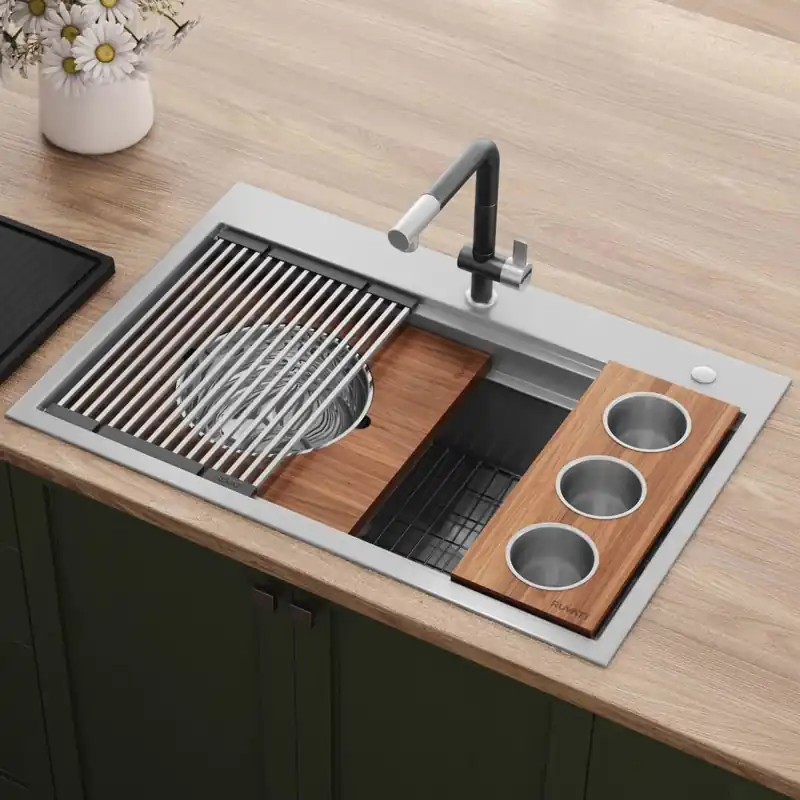 Ruvati Dual-Tier 33" Drop In Single Basin Stainless Steel Kitchen Sink with Basket Strainer, Colander and Cutting Board High Quality