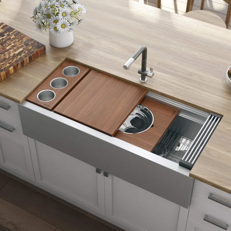 Ruvati Dual-Tier 45" Farmhouse Single Basin Stainless Steel Kitchen Sink with Basin Rack, Basket Strainer, Colander and Cutting Board Clearance