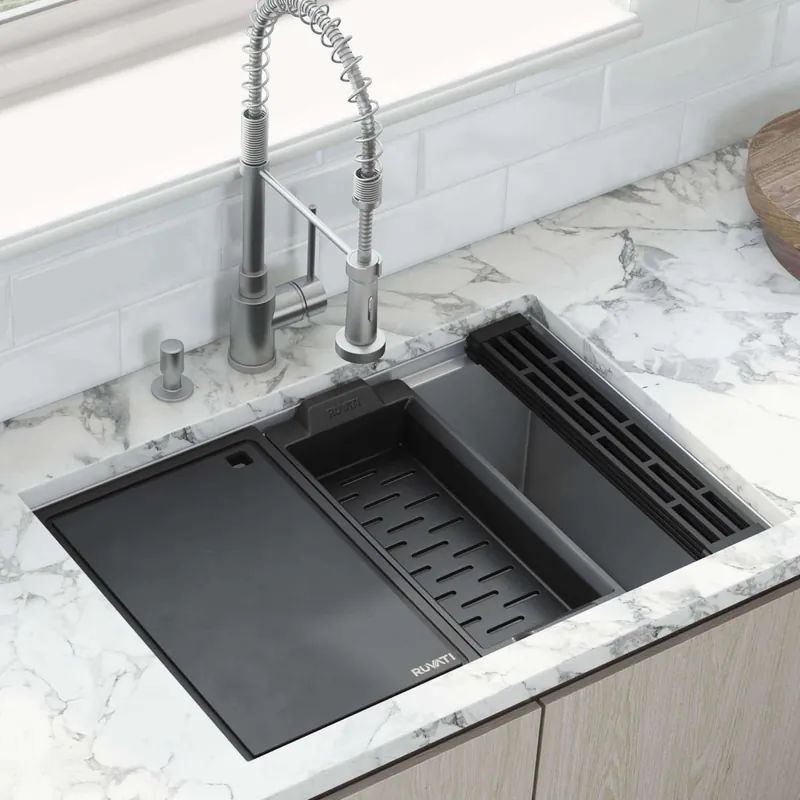 Ruvati Veniso Nova 27" Workstation Slope Bottom Offset Drain Undermount 16 Gauge Kitchen Sink Luxury