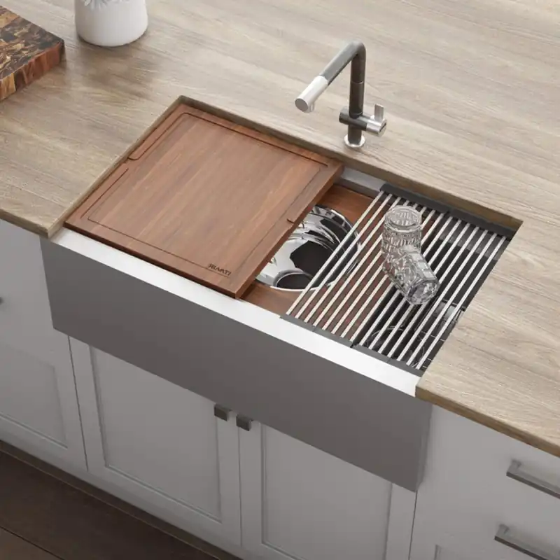 Free Returns Ruvati Dual-Tier 33-1/2" Farmhouse Single Basin Stainless Steel Kitchen Sink with Basin Rack, Basket Strainer, Colander and Cutting Board