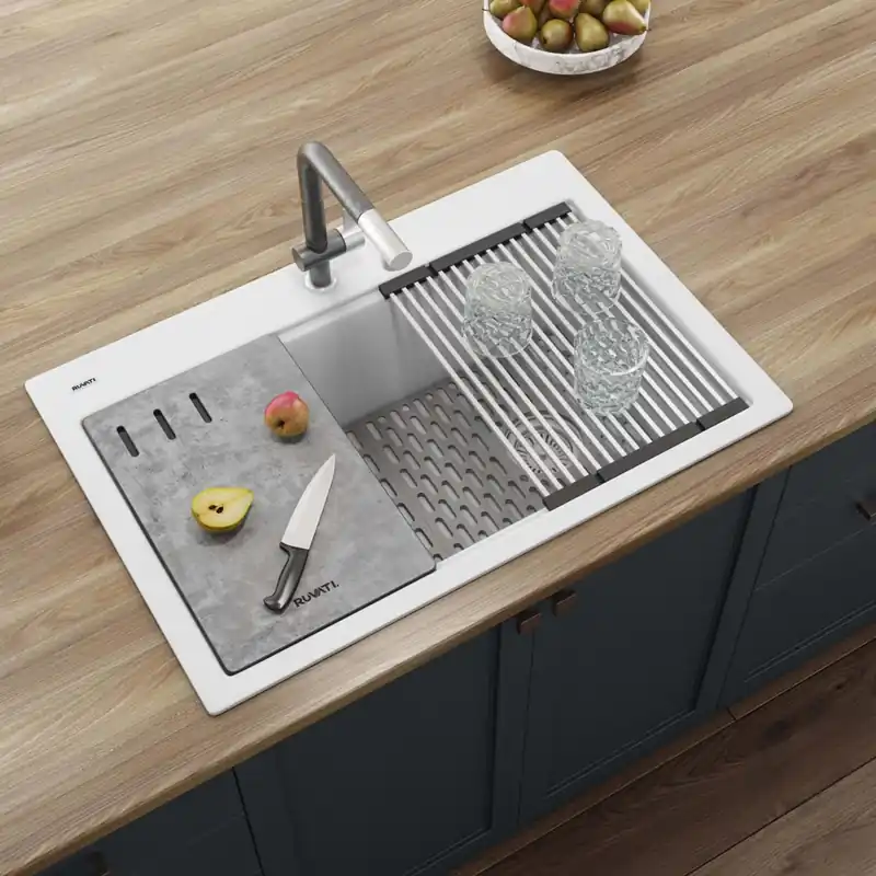 Ruvati epiStage 33" Drop In Single Basin Granite Composite Kitchen Sink with Basin Rack, Basket Strainer and Cutting Board Best Seller