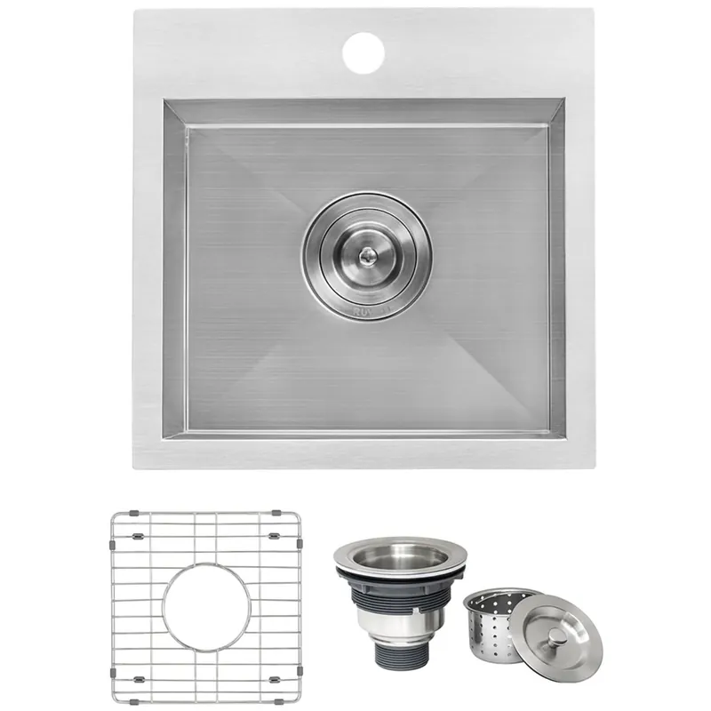 Budget Ruvati Terraza 15" Drop In Single Basin Stainless Steel Bar Sink with Basin Rack and Basket Strainer