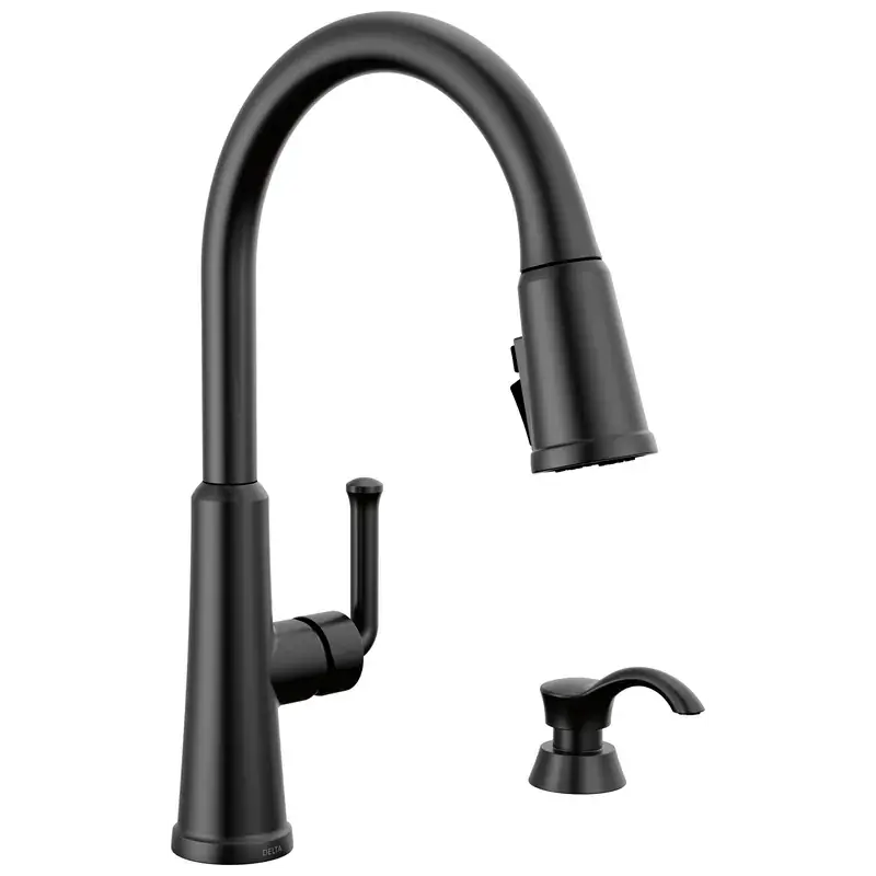Single Handle Pull-Down Kitchen Faucet with Soap Dispenser and ShieldSpray® Technology (Recertified) in Matte Black Save Now