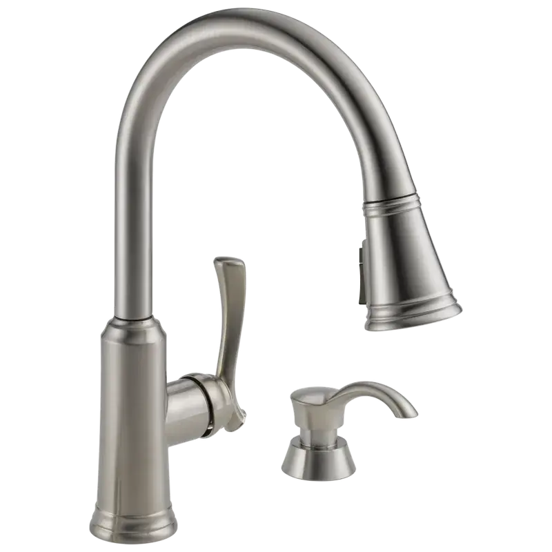 Single Handle Pull-Down Kitchen Faucet with Soap Dispenser and ShieldSpray® Technology (Recertified) in Stainless Luxury