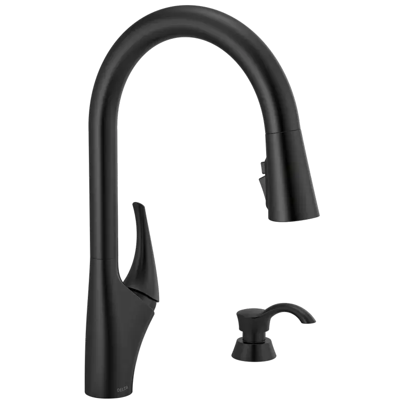 Single Handle Pull-Down Kitchen Faucet with Soap Dispenser and ShieldSpray Technology (Recertified) in Matte Black Money Back Guarantee